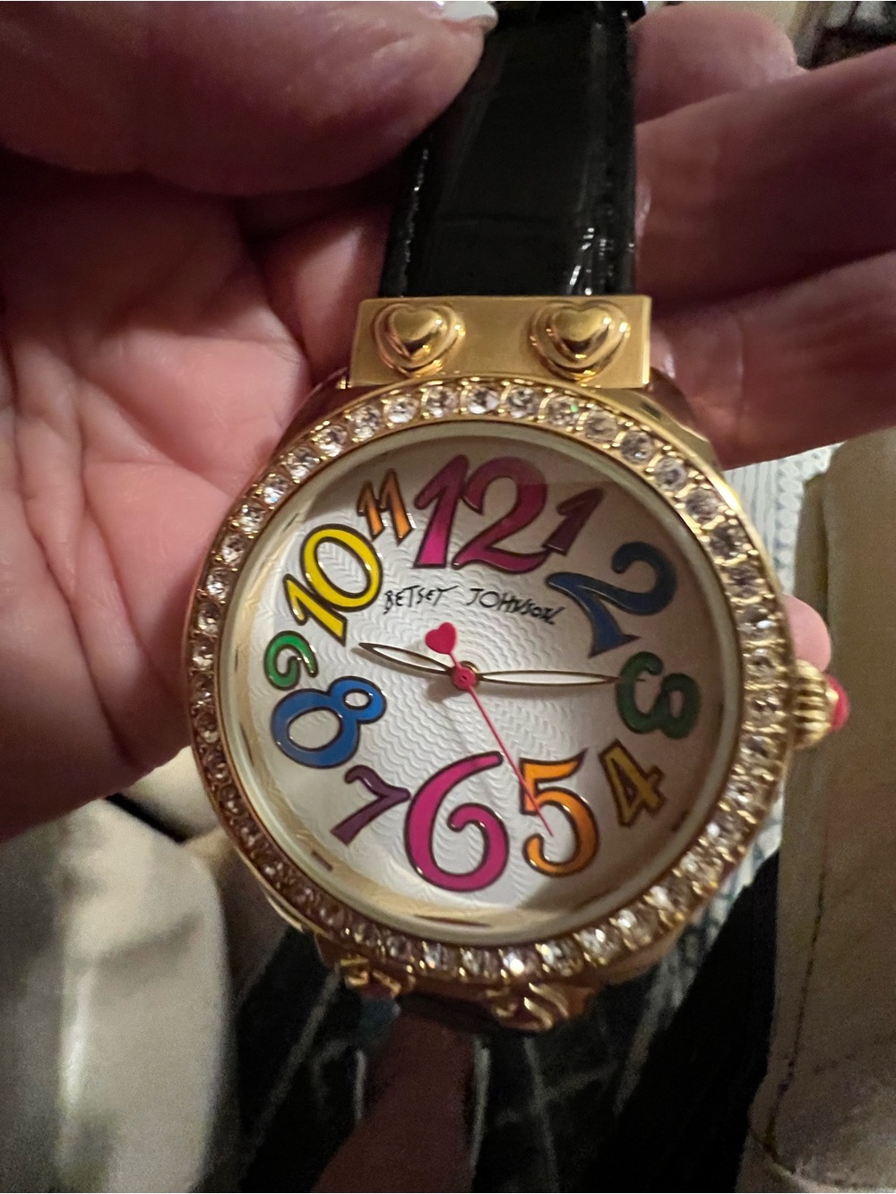Betsey Johnson Gold-Tone Watch with Multicolor Numerals and Black Strap - Picture 6 of 6